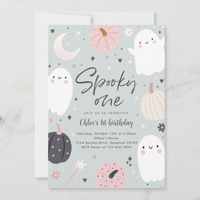 Spooky One Boho Halloween Ghost 1st Birthday Party Invitation (Front)