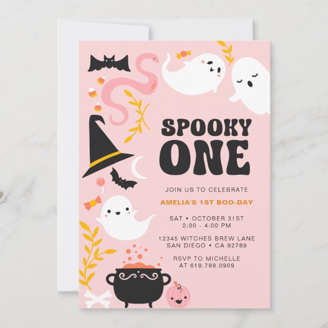 SPOOKY ONE Cute and Modern Pink Ghost Invitation (Front)