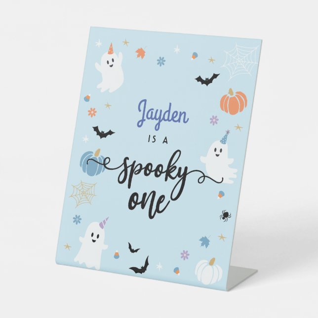 Spooky One Cute Blue Ghost Halloween 1st Birthday Pedestal Sign (Front)