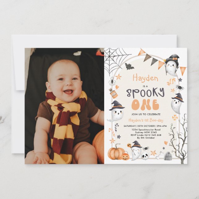 Spooky One Cute Ghost 1st Birthday Photo Invitatio Invitation (Front)