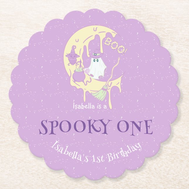 Spooky One Cute Ghost Halloween 1st Birthday Paper Coaster (Front)