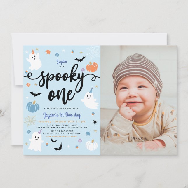 Spooky One Cute Ghost Halloween Photo 1st Birthday Invitation (Front)
