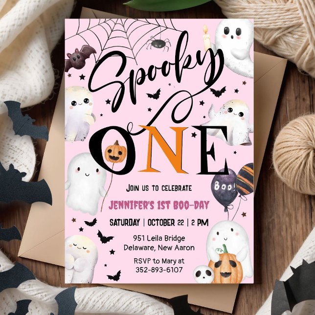 Spooky One! Cute Ghost Pink Halloween 1st Birthday Invitation (Creator Uploaded)