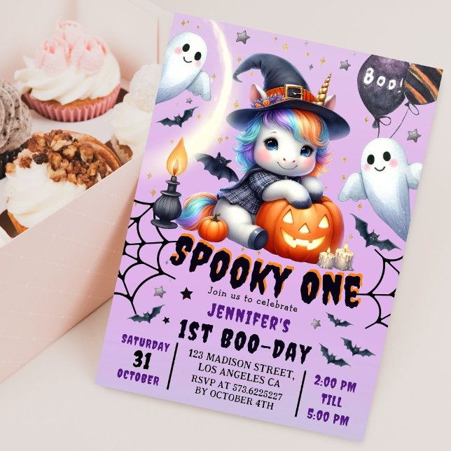 Spooky ONE Cute Girl Purple Halloween 1st Birthday Invitation (Creator Uploaded)