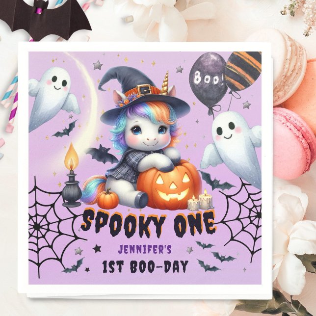 Spooky ONE Cute Girl Purple Halloween 1st Birthday Napkin (Creator Uploaded)