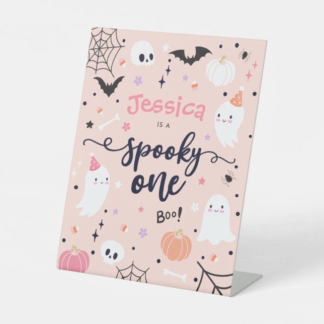 Spooky One Cute Halloween Ghost 1st Birthday Party Pedestal Sign (Front)