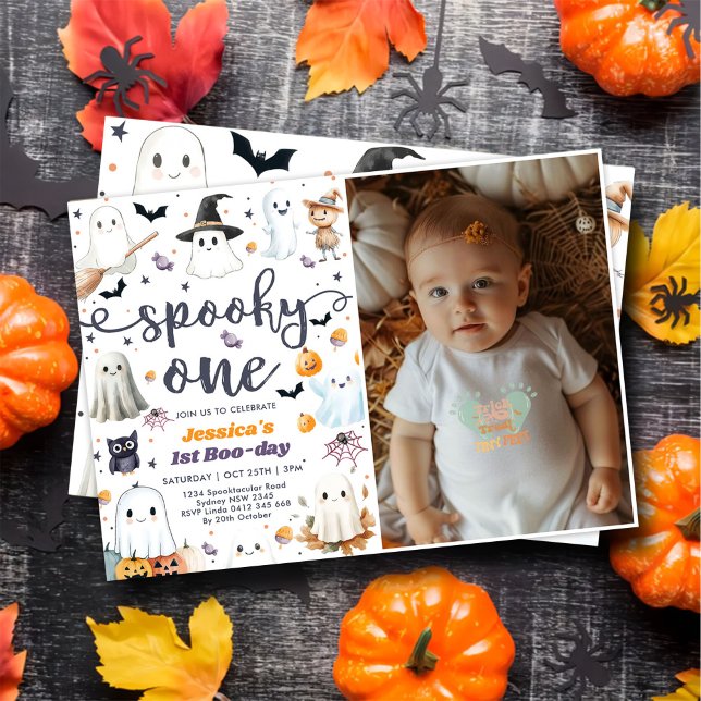 Spooky One Cute Halloween Ghost 1st Birthday Photo Invitation (Creator Uploaded)
