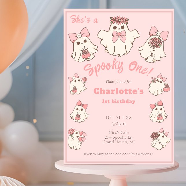 Spooky One Cute Pink Ghost & Bows 1st Birthday Invitation (Creator Uploaded)