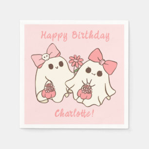 Spooky One Cute Pink Ghost & Bows 1st Birthday Napkin
