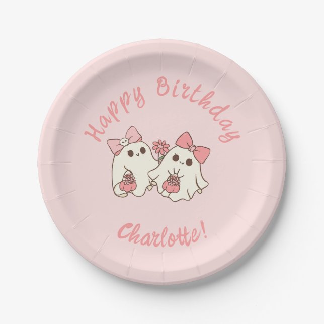 Spooky One Cute Pink Ghost & Bows 1st Birthday Paper Plate (Front)