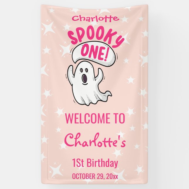 Spooky One Cute Pink Halloween Ghost 1st Birthday Banner (Vertical)