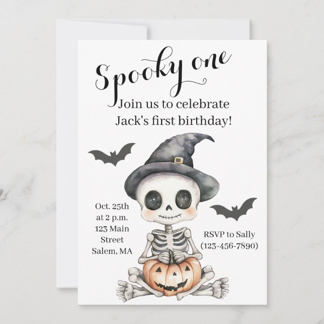 Spooky One | Cute Skeleton Halloween 1st Birthday  Invitation (Front)