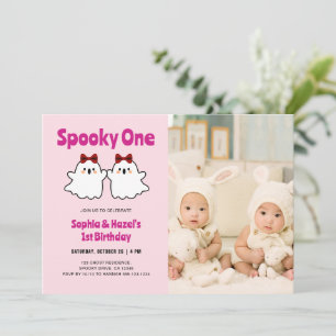 Spooky One Cute Twin Girls 1st Birthday Photo Invitation