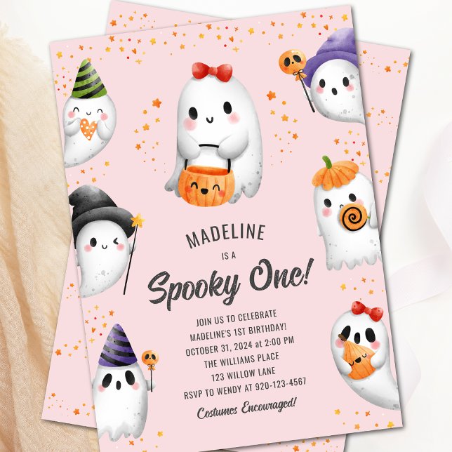 Spooky One Ghost Halloween Girl 1st Birthday Party Invitation (Creator Uploaded)