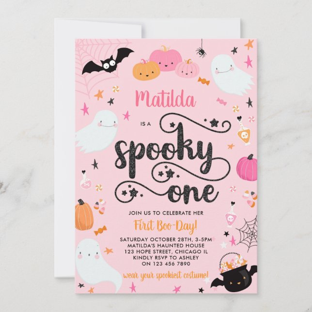Spooky One Ghost Pink Girl Halloween 1st Birthday  Invitation (Front)