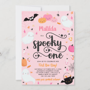 Spooky One Ghost Pink Girl Halloween 1st Birthday Invitation