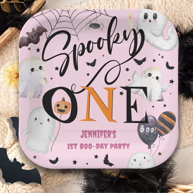 Spooky One Girl Pink Halloween 1st Birthday Paper Plate (Creator Uploaded)