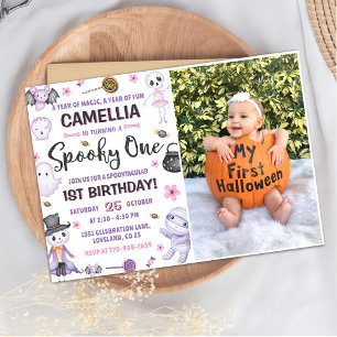 Spooky One Girls Halloween 1st Birthday Photo Invitation