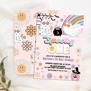 Spooky One Groovy Ghost Hippie Halloween Birthday Invitation