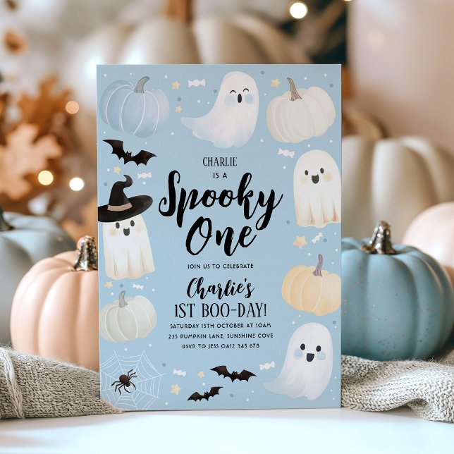 Spooky One Halloween 1st Birthday Boy Blue Ghost Invitation (Spooky One Boy's 1st Birthday | Halloween themed birthday invitation in blue)
