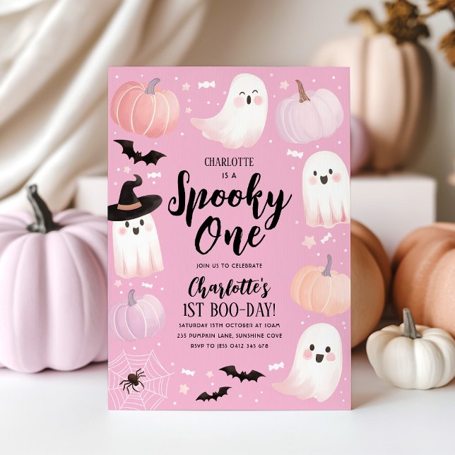 Spooky One Halloween 1st Birthday Girl Pink Ghost Invitation (Spooky One 1st Birthday | Featuring cute ghosts, pumpkins, bats, spiders)