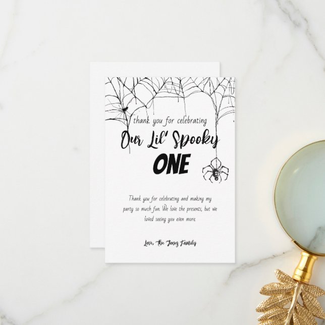 Spooky One | Halloween 1st Birthday | Spooky B+W Thank You Card (Front/Back In Situ)
