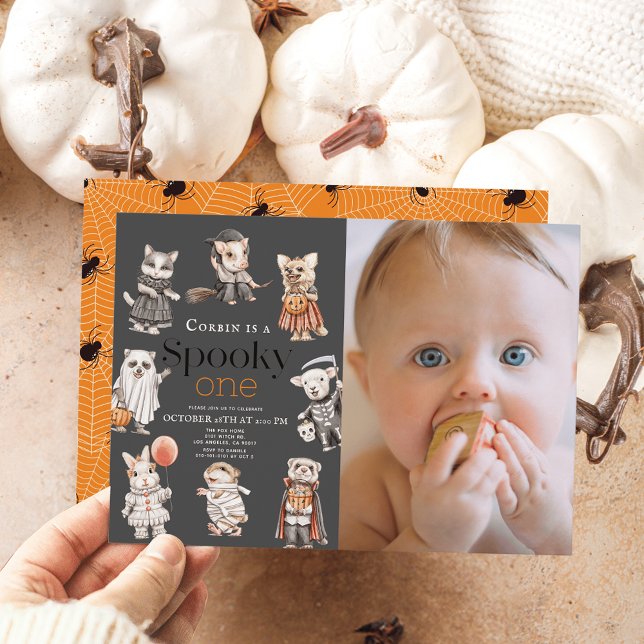 Spooky One Halloween Animals 1st Birthday Photo Invitation (Creator Uploaded)
