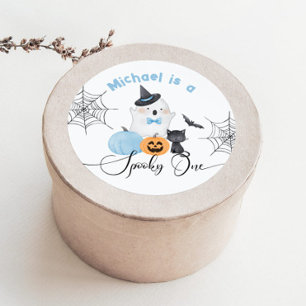 Spooky One Halloween Birthday blue Boo Classic Round Sticker