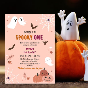 Spooky One Halloween Birthday Ghost Peach bats Invitation
