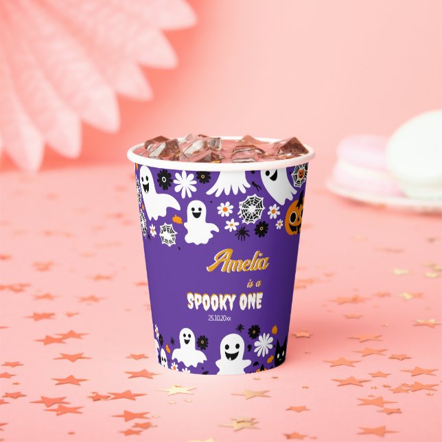 Spooky one Halloween birthday groovy retro daisies Paper Cups (Insitu)