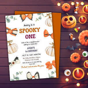 Spooky One Halloween Birthday Pumpkin Bow Cute Invitation