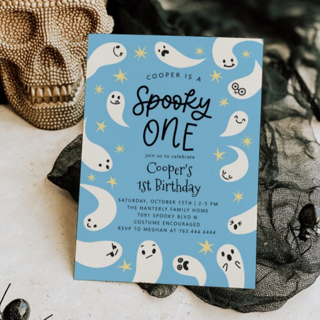 Spooky ONE Halloween Blue Ghost Birthday Invitation (Creator Uploaded)