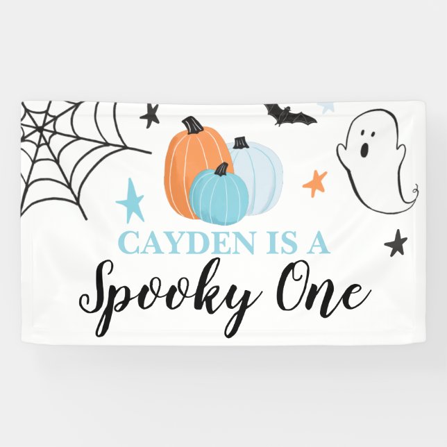 Spooky One Halloween blue pumpkins 1st Birthday Banner (Horizontal)