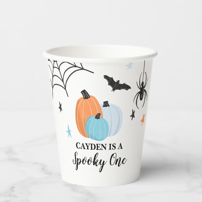 Spooky One Halloween blue Pumpkins 1st Birthday Paper Cups (Front)