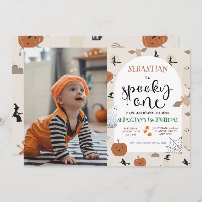  Spooky One Halloween Ghost 1st Birthday Photo Invitation (Front/Back)