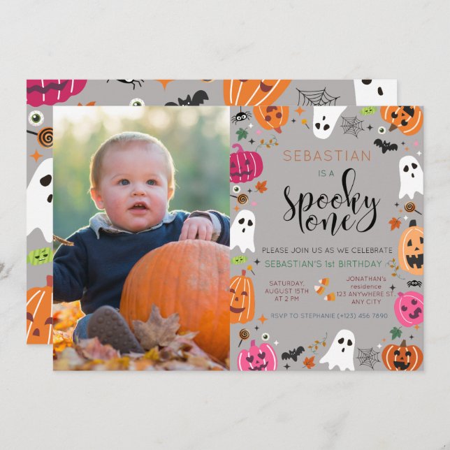  Spooky One Halloween Ghost 1st Birthday Photo Invitation (Front/Back)