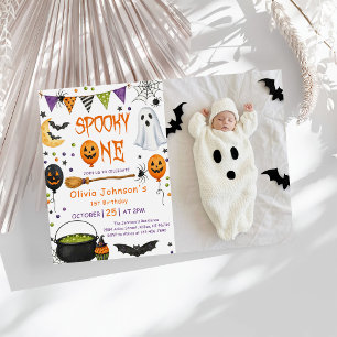 Spooky One Halloween Ghost Pink 1st Birthday Invitation