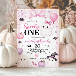 Spooky One Halloween Ghost Pink Birthday Party Invitation