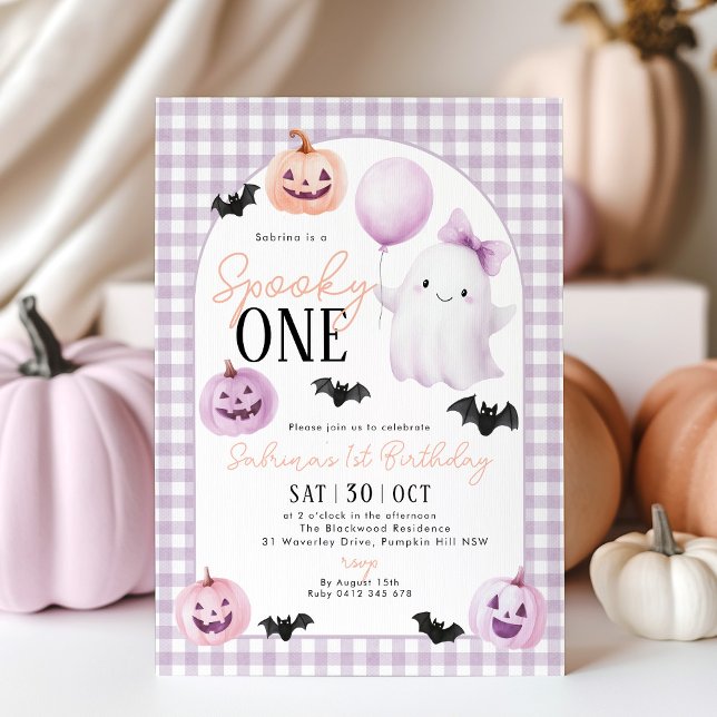 Spooky One Halloween Ghost Purple 1st Birthday Invitation (Spooky One! Purple Gingham Halloween 1st Birthday invitation with cute pumpkin, ghosts and bat. )