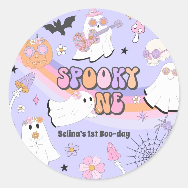 Spooky One Halloween Groovy Ghost 1st Birthday Cla Classic Round Sticker (Front)