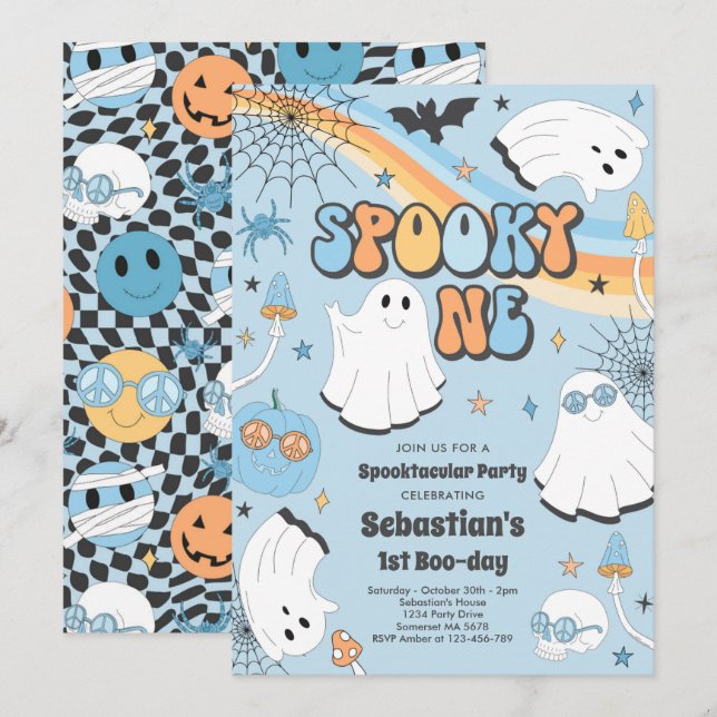 Spooky One Halloween Groovy Ghost 1st Birthday Inv Invitation (Front/Back)