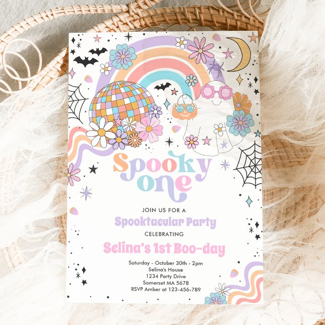 Spooky One Halloween Groovy Ghost 1st Birthday Invitation (Creator Uploaded)