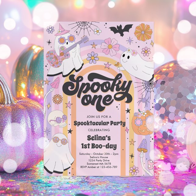 Spooky One Halloween Groovy Ghost 1st Birthday Invitation (Creator Uploaded)