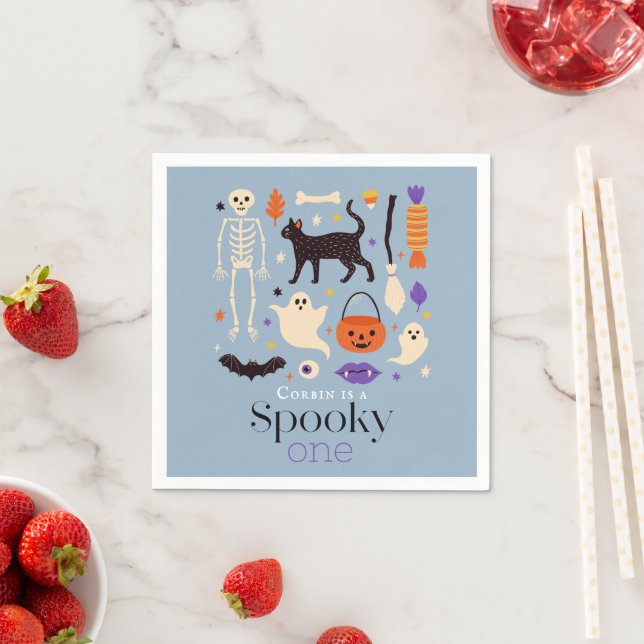 Spooky One Halloween Motifs Blue 1st Birthday Napkin (Insitu)