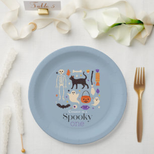 Spooky One Halloween Motifs Blue 1st Birthday Paper Plate