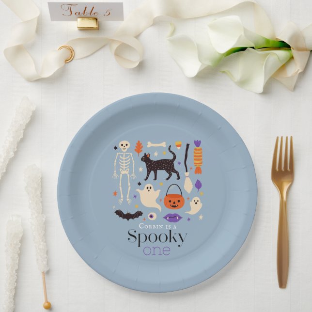 Spooky One Halloween Motifs Blue 1st Birthday Paper Plate (Wedding)