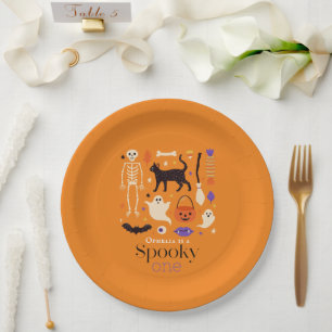 Spooky One Halloween Motifs Orange 1st Birthday Paper Plate