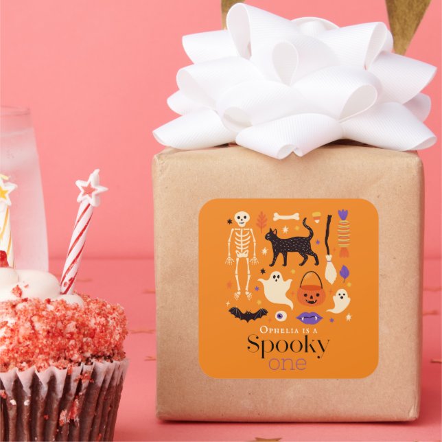 Spooky One Halloween Motifs Orange 1st Birthday Square Sticker (Party)
