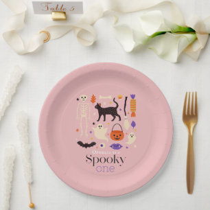 Spooky One Halloween Motifs Pink 1st Birthday Paper Plate
