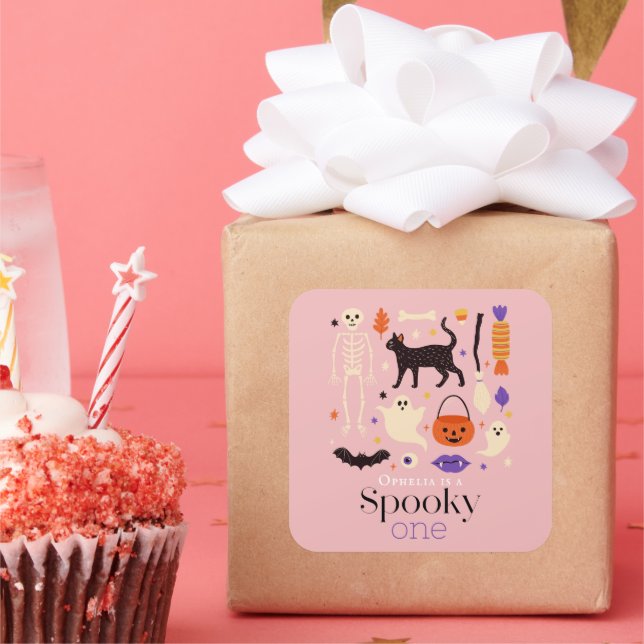 Spooky One Halloween Motifs Pink 1st Birthday Square Sticker (Party)